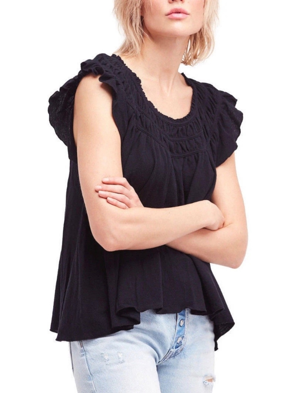 We The Free Coconut Tee Tshirt Black Small Smocked Casual Knit